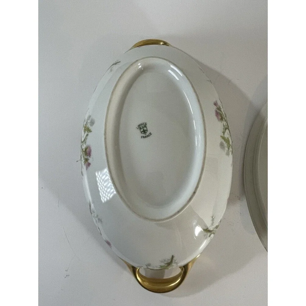 Limoges France Porcelain Covered Vegetable Dish Floral Gold Handles 12” Oval